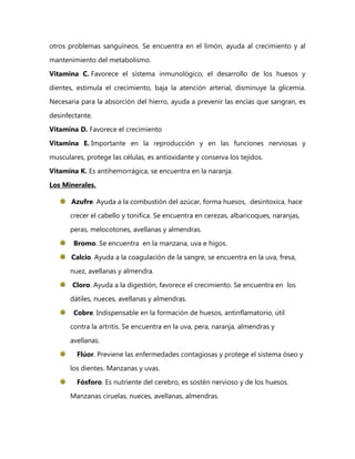 otros problemas sanguíneos. Se encuentra en el limón, ayuda al crecimiento y al

mantenimiento del metabolismo.
Vitamina C. Favorece el sistema inmunológico, el desarrollo de los huesos y

dientes, estimula el crecimiento, baja la atención arterial, disminuye la glicemia.
Necesaria para la absorción del hierro, ayuda a prevenir las encías que sangran, es

desinfectante.
Vitamina D. Favorece el crecimiento

Vitamina E. Importante en la reproducción y en las funciones nerviosas y

musculares, protege las células, es antioxidante y conserva los tejidos.
Vitamina K. Es antihemorrágica, se encuentra en la naranja.

Los Minerales.

       Azufre. Ayuda a la combustión del azúcar, forma huesos, desintoxica, hace
       crecer el cabello y tonifica. Se encuentra en cerezas, albaricoques, naranjas,

       peras, melocotones, avellanas y almendras.
        Bromo. Se encuentra en la manzana, uva e higos.

       Calcio. Ayuda a la coagulación de la sangre, se encuentra en la uva, fresa,
       nuez, avellanas y almendra.

       Cloro. Ayuda a la digestión, favorece el crecimiento. Se encuentra en los
       dátiles, nueces, avellanas y almendras.

        Cobre. Indispensable en la formación de huesos, antinflamatorio, útil
       contra la artritis. Se encuentra en la uva, pera, naranja, almendras y

       avellanas.
         Flúor. Previene las enfermedades contagiosas y protege el sistema óseo y

       los dientes. Manzanas y uvas.
         Fósforo. Es nutriente del cerebro, es sostén nervioso y de los huesos.

       Manzanas ciruelas, nueces, avellanas, almendras.
 