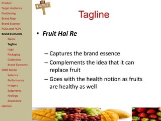 Product
Target Audience
Positioning
Brand Map
                                      Tagline
Brand Essence
PODs and POPs
Brand Elements       • Fruit Hai Re
    Name
    Tagline
    Logo
    Packaging          – Captures the brand essence
    Celebrities
    Brand Elements     – Complements the idea that it can
CBBE Model               replace fruit
    Salience
    Performance        – Goes with the health notion as fruits
    Imagery
    Judgments
                         are healthy as well
    Feelings
    Resonance
Opinion
 