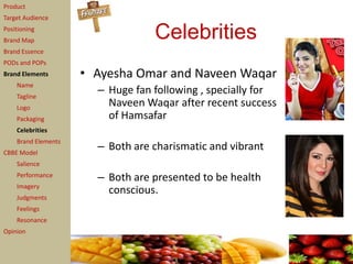 Product
Target Audience
Positioning
Brand Map
                                  Celebrities
Brand Essence
PODs and POPs
Brand Elements       • Ayesha Omar and Naveen Waqar
    Name
    Tagline
                       – Huge fan following , specially for
    Logo
                         Naveen Waqar after recent success
    Packaging            of Hamsafar
    Celebrities
    Brand Elements
CBBE Model
                       – Both are charismatic and vibrant
    Salience
    Performance
                       – Both are presented to be health
    Imagery
                         conscious.
    Judgments
    Feelings
    Resonance
Opinion
 