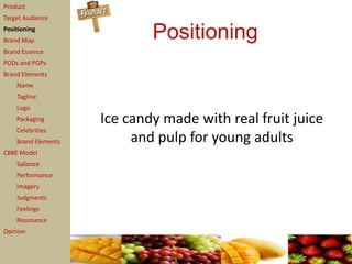 Product
Target Audience
Positioning
Brand Map
                             Positioning
Brand Essence
PODs and POPs
Brand Elements
    Name
    Tagline
    Logo
    Packaging        Ice candy made with real fruit juice
    Celebrities
    Brand Elements        and pulp for young adults
CBBE Model
    Salience
    Performance
    Imagery
    Judgments
    Feelings
    Resonance
Opinion
 