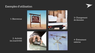Exemples d’utilisation
1- Bienvenue
4- Évènement
externe
3- Changement
de données
2- Activité
(ou inactivité)
 