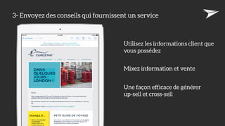 3- Envoyez des conseils qui fournissent un service
Utilisez les informations client que
vous possédez
Mixez information et vente
Une façon efficace de générer 
up-sell et cross-sell
 