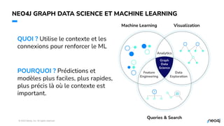© 2023 Neo4j, Inc. All rights reserved.
NEO4J GRAPH DATA SCIENCE ET MACHINE LEARNING
33
Analytics
Feature
Engineering
Data
Exploration
Graph
Data
Science
Queries & Search
Machine Learning Visualization
QUOI ? Utilise le contexte et les
connexions pour renforcer le ML
POURQUOI ? Prédictions et
modèles plus faciles, plus rapides,
plus précis là où le contexte est
important.
 