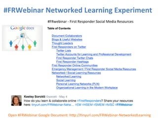#FRWebinar	
  Networked	
  Learning	
  Experiment	
  
Open	
  #FRWebinar	
  Google	
  Document:	
  hZp://3nyurl.com/FRWebinar-­‐NetworkedLearning	
  
#FRwebinar	
  -­‐	
  First	
  Responder	
  Social	
  Media	
  Resources	
  
 