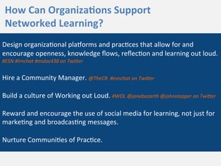  
Design	
  organiza3onal	
  plamorms	
  and	
  prac3ces	
  that	
  allow	
  for	
  and	
  
encourage	
  openness,	
  knowledge	
  ﬂows,	
  reﬂec3on	
  and	
  learning	
  out	
  loud.	
  	
  
#ESN	
  #lrnchat	
  #msloc430	
  on	
  Twi?er	
  
	
  
Hire	
  a	
  Community	
  Manager.	
  @TheCR	
  	
  #esnchat	
  on	
  Twi?er	
  
	
  
Build	
  a	
  culture	
  of	
  Working	
  out	
  Loud.	
  #WOL	
  @janebozarth	
  @johnstepper	
  on	
  Twi?er	
  
	
  
Reward	
  and	
  encourage	
  the	
  use	
  of	
  social	
  media	
  for	
  learning,	
  not	
  just	
  for	
  
marke3ng	
  and	
  broadcas3ng	
  messages.	
  
	
  
Nurture	
  Communi3es	
  of	
  Prac3ce.	
  
	
  
How	
  Can	
  Organiza9ons	
  Support	
  	
  
Networked	
  Learning?	
  
 