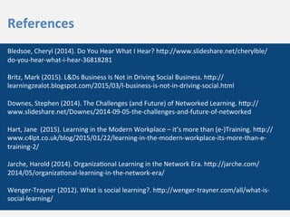  
	
  
References	
  
	
  
Bledsoe,	
  Cheryl	
  (2014).	
  Do	
  You	
  Hear	
  What	
  I	
  Hear?	
  hZp://www.slideshare.net/cherylble/
do-­‐you-­‐hear-­‐what-­‐i-­‐hear-­‐36818281	
  
	
  
Britz,	
  Mark	
  (2015).	
  L&Ds	
  Business	
  Is	
  Not	
  in	
  Driving	
  Social	
  Business.	
  hZp://
learningzealot.blogspot.com/2015/03/l-­‐business-­‐is-­‐not-­‐in-­‐driving-­‐social.html	
  
	
  
Downes,	
  Stephen	
  (2014).	
  The	
  Challenges	
  (and	
  Future)	
  of	
  Networked	
  Learning.	
  hZp://
www.slideshare.net/Downes/2014-­‐09-­‐05-­‐the-­‐challenges-­‐and-­‐future-­‐of-­‐networked	
  
	
  
Hart,	
  Jane	
  	
  (2015).	
  Learning	
  in	
  the	
  Modern	
  Workplace	
  –	
  it’s	
  more	
  than	
  (e-­‐)Training.	
  hZp://
www.c4lpt.co.uk/blog/2015/01/22/learning-­‐in-­‐the-­‐modern-­‐workplace-­‐its-­‐more-­‐than-­‐e-­‐
training-­‐2/	
  
	
  
Jarche,	
  Harold	
  (2014).	
  Organiza3onal	
  Learning	
  in	
  the	
  Network	
  Era.	
  hZp://jarche.com/
2014/05/organiza3onal-­‐learning-­‐in-­‐the-­‐network-­‐era/	
  
	
  
Wenger-­‐Trayner	
  (2012).	
  What	
  is	
  social	
  learning?.	
  hZp://wenger-­‐trayner.com/all/what-­‐is-­‐
social-­‐learning/	
  
 