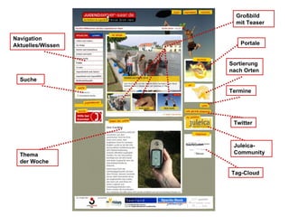 Navigation Aktuelles/Wissen Suche Thema  der Woche Großbild  mit Teaser Sortierung  nach Orten Termine Twitter Juleica-Community Tag-Cloud Portale 