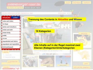Trennung des Contents in  Aktuelles  und  Wissen 10 Kategorien Alle Inhalte auf in der Regel maximal zwei Ebenen (Kategorien/Unterkategorien 