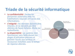 Triade de la sécurité informatique
• La confidentialité : Seules les
personnes autorisées avec les
habilitations requises ont accès aux
informations.
• L’intégrité : les données doivent être
intactes, et ne doivent pas être
altérées de façon fortuite, illicite ou
malveillante.
• La disponibilité : un système doit
fonctionner sans faille durant les
plages d’utilisation prévues et
garantir l’accès aux services et
ressources installées avec le temps
de réponse attendu.
21
 