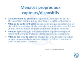 Menaces propres aux
capteurs/dispositifs
• Détournement du dispositif: s'applique à un dispositif qui est
physiquement compromis ou pour lequel les clés sont perdues.
• Attaque du puits (sinkhole): désigne une attaque dans laquelle un
dispositif compromis attire le trafic de communication pour former
un trou noir ou mettre en place une retransmission sélective.
• Attaque Sybil : désigne une attaque dans laquelle un dispositif
malveillant prend de multiples identités de manière illégitime.
• Attaque par trou de ver: une attaque par trou de vers se produit
lorsque deux noeuds malveillants/compromis font croire que le
trajet les reliant est très court.
Source : Rec. UIT-T X.1361 (09/2018)
33
 