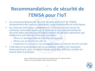Recommandations de sécurité de
l'ENISA pour l’IoT
• Les recommandations de sécurité de base pour l'IoT de l'ENISA
comprennent des mesures politiques, organisationnelles et techniques.
• Les mesures techniques comprennent l'utilisation d'une racine de
confiance immuable basée sur le matériel et des fonctionnalités de
sécurité telles que des puces/coprocesseurs de sécurité spécialisés qui
intègrent la sécurité au niveau du transistor :
– offrant un stockage fiable de l'identité de l'appareil,
– offrant une protection des clés, et
– empêchant les personnes non privilégiées accès au code de sécurité sensible.
• L'étendue et la profondeur de la couverture rendent cet inventaire
impressionnant, mais en même temps peut-être difficile à mettre en
œuvre dans la pratique.
Source : ENISA ‘Baseline Security Recommendations for IoT’, November 2017
https://ec.europa.eu/digital-single-market/en/news/
59
 