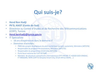 Qui suis-je?
• Hend Ben Hadji
• Ph’D, KAIST (Corée du Sud)
• Directrice au Centre d’Etudes et de Recherche des Télécommunications
(CERT), Tunisie.
• Hend.benhadji@tunsia.gov.tn
• IT Spécialiste
– 18 ans d’expériences dans le domaine IT
– Domaines d’activités:
• PMO des projets stratégiques du plan numérique (projets sectoriels), Ministère (MTCEN)
• Responsable du programme Innovation, Ministère (MTCTD)
• Responsable du programme Smart City (MTCEN)
• Point focal national de l’UIT et l’UAT
• Membre de plusieurs consortiums internationaux (FP7 PROBE-IT, H2020 GEO-CRADLE,
F7 BRAGMA, NIPA-CERT El-Ghazela Smart City, Smart Africa SDVN, …)
 