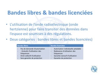 Bandes libres & bandes licenciées
• L’utilisation de l’onde radioélectrique (onde
hertzienne) pour faire transiter des données dans
l’espace est soumises à des régulations.
• Deux catégories : bandes libres et bandes licenciées)
Bandes libres Bandes licenciées
- Pas de demande d’autorisation
- - Gratuité d’utilisation des
fréquences
- Droit collectif d’utilisation
- Sans garantie de protection
- Autorisation individuelle préalable
- Redevance d’utilisation des
fréquences
- Garantie exclusif d’utilisation
- Garantie de protection
 