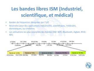 Les bandes libres ISM (Industriel,
scientifique, et médical)
• Bandes de fréquences désignées par l’UIT
• Réservées pour des applications industrielles, scientifiques, médicales,
domestiques, ou similaires.
• Les utilisations les plus courantes des bandes ISM: WiFi, Bluetooth, Zigbee, RFID,
NFC.
 