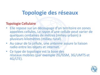 Topologie des réseaux
Topologie Cellulaire
• Elle repose sur un découpage d’un territoire en zones
appelées cellules. Le rayon d’une cellule peut varier de
quelques centaines de mètres (milieu urbain) à
plusieurs kilomètres (milieu rural).
• Au cœur de la cellule, une antenne assure la liaison
radio entre les objets et internet.
• Ce type de topologie est la base des
réseaux mobiles (par exemple 2G/GSM, 3G/UMTS et
4G/LTE).
 