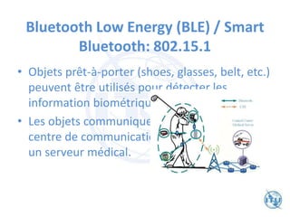 Bluetooth Low Energy (BLE) / Smart
Bluetooth: 802.15.1
• Objets prêt-à-porter (shoes, glasses, belt, etc.)
peuvent être utilisés pour détecter les
information biométriques.
• Les objets communiquent avec un
centre de communication ou
un serveur médical.
 