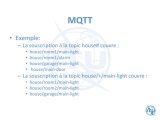 MQTT
• Exemple:
– La souscription à la topic house# couvre :
• house/room1/main-light
• house/room1/alarm
• house/garage/main-light
• house/main-door
– La souscription à la topic house/+/main-light couvre :
• house/room1/main-light
• house/room2/main-light
• house/garage/main-light
 
