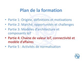 Plan de la formation
• Partie 1: Origine, définitions et motivations
• Partie 2: Marché, opportunités et challenges
• Partie 3: Modèles d’architecture et
composants IoT
• Partie 4: Chaine de valeur IoT, connectivité et
modèle d’affaires
• Partie 5 : Activités de normalisation
 