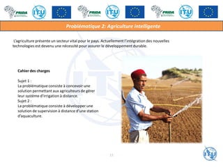 L’agriculture présente un secteur vital pour le pays. Actuellement l’intégration des nouvelles
technologies est devenu une nécessité pour assurer le développement durable.
Problématique 2: Agriculture intelligente
Cahier des charges
Sujet 1 :
La problématique consiste à concevoir une
solution permettant aux agriculteurs de gérer
leur système d’irrigation à distance.
Sujet 2 :
La problématique consiste à développer une
solution de supervision à distance d’une station
d’aquaculture.
11
 