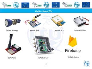 Outils : Smart City
Capteur ultrason Module GSM Batterie Lithium
LoRa Node LoRa Gateway NoSql Database
Module GPS
18
 