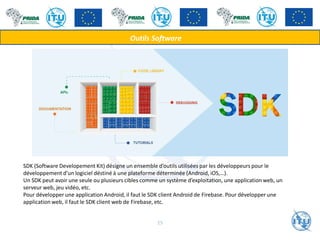 Outils Software
SDK (Software Developement Kit) désigne un ensemble d’outils utilisées par les développeurs pour le
développement d’un logiciel déstiné à une plateforme déterminée (Android, iOS,…).
Un SDK peut avoir une seule ou plusieurs cibles comme un système d’exploitation, une application web, un
serveur web, jeu vidéo, etc.
Pour développer une application Android, il faut le SDK client Android de Firebase. Pour développer une
application web, il faut le SDK client web de Firebase, etc.
25
 