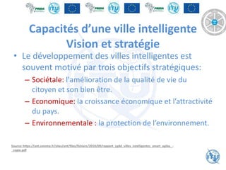 Capacités d’une ville intelligente
Vision et stratégie
• Le développement des villes intelligentes est
souvent motivé par trois objectifs stratégiques:
– Sociétale: l'amélioration de la qualité de vie du
citoyen et son bien être.
– Economique: la croissance économique et l’attractivité
du pays.
– Environnementale : la protection de l’environnement.
Source: https://ant.cerema.fr/sites/ant/files/fichiers/2018/09/rapport_cgdd_villes_intelligentes_smart_agiles_-
_copie.pdf
 