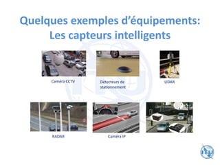 Quelques exemples d’équipements:
Les capteurs intelligents
Détecteurs de
stationnement
Caméra CCTV LIDAR
RADAR Caméra IP
 