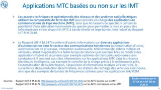 12
© ITU, July 2020
Applications MTC basées ou non sur les IMT
Sources: Rapport UIT-R M.2440 http://www.itu.int/pub/R-REP-M.2440 sur les MTC basées sur les IMT
Rapport UIT-R M.2479 http://www.itu.int/pub/R-REP-M.2479 sur les MTC non basées sur les IMT
Études menées par le
GT 5A et le GT 5D de
l'UIT-R
➢ Les aspects techniques et opérationnels des réseaux et des systèmes radioélectriques
utilisant la composante de Terre des IMT pour prendre en charge des applications de
communications de type machine (MTC), ainsi que les besoins de spectre, y compris la
possibilité d'une utilisation harmonisée du spectre pour permettre la mise en place des
infrastructures et des dispositifs MTC à bande étroite et large bande, font l'objet du Rapport
UIT-R M.2440.
➢ Le Rapport UIT-R M.2479 contient d'autres informations sur diverses applications
d'automatisation dans le secteur des communications hertziennes (automatisation d'usine,
automatisation de processus, interaction audiovisuelle, télécommande, robots mobiles et
véhicules, allant d'applications à faible temps de latence (par exemple bras de robot) à des
applications fiables et sécurisées (par exemple systèmes de transports autonomes sans
conducteur). Il contient aussi des informations sur les applications MTC dans les réseaux
électriques intelligents, par exemple le contrôle de la charge précis à la milliseconde près,
l'automatisation de la distribution, l'acquisition d'informations relatives à l'électricité, la
surveillance de la production décentralisée, les stations de recharge des véhicules électriques,
ainsi que des exemples de bandes de fréquences utilisées pour les applications IoT/M2M.
 