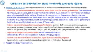 24
© ITU, July 2020
Utilisation des SRD dans un grand nombre de pays et de régions
➢ Rapport UIT-R SM.2153 - Paramètres techniques et de fonctionnement des SRD et fréquences utilisées.
- Définit les SRD et décrit brièvement différentes applications utilisant les SRD, par exemple: télécommande,
télémesure, voix et vidéo, détection de victimes d'avalanche, RLAN, applications ferroviaires, télématique
pour le transport et le trafic routiers, détecteurs de mouvements et équipements d'alerte, alarmes,
commande de modèles réduits, applications inductives (par exemple accès aux voitures), microphones
hertziens, RFID, implants médicaux actifs à ultra faible puissance, applications audio sans fil (par exemple
haut-parleurs sans fil), indicateurs de niveau RF (radar), etc.
- Indique les caractéristiques techniques types/limitations: gammes de fréquences communes; valeurs
requises de puissance rayonnée ou de champ magnétique/électrique pour permettre un fonctionnement
satisfaisant (pour les pays de la CEPT, USA(FCC)/B/CAN, J et KOR, etc. ); exigences liées aux antennes.
- Explique les obligations administratives: certification et vérification;
conditions d'octroi de licences; accords mutuels entre pays/régions .
- Fournit aussi des informations utiles sur les règles au niveau national/régional
(y compris les paramètres techniques et opérationnels et l'utilisation du spectre).
➢ Rapport mis à jour régulièrement.
 