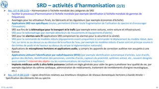 26
© ITU, July 2020
SRD – activités d'harmonisation (2/2)
➢ Rec. UIT-R SM.2103 – Harmonisation à l'échelle mondiale des catégories de SRD
o Faciliter le processus d'harmonisation à l’échelle mondiale (par exemple identification à l'échelle mondiale de gammes de
fréquences).
o Avantages pour les utilisateurs finals, les fabricants et les régulateurs (par exemple économies d'échelle).
- Applications SRD non spécifiques (toutes, permettent d'éviter toute fragmentation de l'utilisation du spectre et d'encourager
l'innovation).
- SRD aux fins de la télématique pour le transport et le trafic (par exemple entre voitures, entre voiture et infrastructure).
- SRD pour le radiorepérage (par exemple détecteurs de mouvements et équipements d'alerte).
- SRD pour les alarmes sans fil (applications SRD comprenant les alarmes pour la sécurité et la sûreté).
- SRD pour la commande de modèles réduits (équipements visant uniquement à commander le déplacement du modèle réduit, dans
l'air, sur terre ou au-dessus ou au-dessous de la surface de l'eau, par exemple les modèles réduits d'avion sont en principe soumis à
des limites de poids et de hauteur au-dessus du sol par la réglementation nationale).
- Applications de microphones hertziens et applications audio, y compris les appareils de correction auditive non assujettis à une
licence.
- Applications utilisant l'identification par radiofréquence (RFID) (par exemple identification automatique d'articles, suivi d'actifs,
gestion des déchets, identification des personnes, contrôle d'accès, capteurs de proximité, systèmes antivol, etc., souvent désignés
aussi comme l'«Internet des objets» ou les «communications de machine à machine»).
- Implants médicaux actifs à ultra faible puissance (utilisés en règle générale pour aider les gens à améliorer leur qualité de vie, par
exemple régulation du rythme cardiaque, administration de médicaments, traitement de tremblements d'origine neurologique,
etc.).
➢ Rec. UIT-R SM.2104 – Lignes directrices relatives aux émetteurs-récepteurs de réseaux domestiques hertziens à bande étroite –
Spécification des éléments liés au spectre.
 