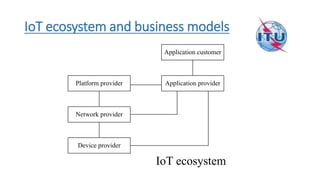 IoT ecosystem and business models
Platform provider Application provider
Application customer
Network provider
Device provider
IoT ecosystem
 