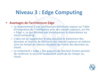Niveau 3 : Edge Computing
• Avantages de l’architecture Edge
– Le déploiement d‘une architecture distribuée repose sur l‘idée
d‘intégration de l‘intelligence près des nœuds capteurs, on the
« Edge », ce qui diminue par conséquence la dépendance au
cloud computing.
– L‘idée est de rapprocher le plus possible le traitement des
données et la prise de décisions des nœuds capteurs et réduire
ainsi les temps de latence résultant de l‘envoi des données au
cloud.
– Le traitement « Edge » des paquets de données brutes permet
de renforcer la sécurité localement avant de les relayer au
cloud.
 