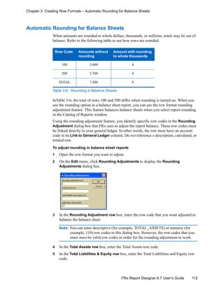 112FRx Report Designer 6.7 User’s Guide
Chapter 3: Creating Row Formats – Automatic Rounding for Balance Sheets
Automatic Rounding for Balance Sheets
When amounts are rounded to whole dollars, thousands, or millions, totals may be out of
balance. Refer to the following table to see how rows are rounded.
InTable 3-6, the total of rows 100 and 200 differ when rounding is turned on. When you
use the rounding option in a balance sheet report, you can use the row format rounding
adjustment feature. This feature balances balance sheets when you select report rounding
in the Catalog of Reports window.
Using the rounding adjustment feature, you identify specific row codes in the Rounding
Adjustment dialog box that FRx uses to adjust the report balance. These row codes must
be linked directly to your general ledger. In other words, the row must have an account
code in its Link to General Ledger column. Do not reference a description, calculated, or
totaled row.
To adjust rounding in balance sheet reports
1 Open the row format you want to adjust.
2 On the Edit menu, click Rounding Adjustments to display the Rounding
Adjustments dialog box.
3 In the Rounding Adjustment row box, enter the row code that you want adjusted to
balance the balance sheet.
Note: You can enter descriptive (for example, TOTAL_ASSETS) or numeric (for
example, 110) row codes in this dialog box. However, the row codes that you
enter must be valid row codes in order for the rounding adjustment to work.
4 In the Total Assets row box, enter the Total Assets row code.
5 In the Total Liabilities & Equity row box, enter the Total Liabilities and Equity row
code.
Row Code Amounts without
rounding
Amount with rounding
to whole thousands
100 3,600 4
200 3,700 4
TOTAL 7,300 8
Table 3-6: Rounding in Balance Sheets
 