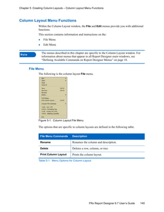 140FRx Report Designer 6.7 User’s Guide
Chapter 5: Creating Column Layouts – Column Layout Menu Functions
Column Layout Menu Functions
Within the Column Layout window, the File and Edit menus provide you with additional
functions.
This section contains information and instructions on the:
File Menu
Edit Menu
File Menu
The following is the column layout File menu.
Figure 5-1: Column Layout File Menu
The options that are specific to column layouts are defined in the following table.
Note
The menus described in this chapter are specific to the Column Layout window. For
information about menus that appear in all Report Designer main windows, see
“Defining Available Commands on Report Designer Menus” on page 18.
File Menu Commands Description
Rename Renames the column and description.
Delete Deletes a row, column, or tree.
Print Column Layout Prints the column layout.
Table 5-1: Menu Options for Column Layout
 