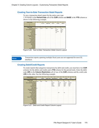 175FRx Report Designer 6.7 User’s Guide
Chapter 5: Creating Column Layouts – Customizing Transaction Detail Reports
Creating Year-to-Date Transaction Detail Reports
To run a transaction detail report for the entire year, type
1 TO BASE in the Period Code cell of the CUR column and BASE in the YTD column as
shown in the following example.
Figure 5-26: Year-to-Date Transaction Detail Column Layout
Creating Debit/Credit Reports
To create reports that categorize transactions by debit and credit, you must have two CUR
columns for the debits and credits and a YTD column for the period totals. Enter the debit
code (DR) in the Column Restriction cell of one of the CUR columns and the credit code
(CR) in the other. See the following example.
Figure 5-27: Debit and Credit Report Column Layout
Note
Transaction reports spanning multiple fiscal years are not supported for most GL
interfaces.
 