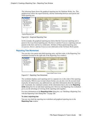188FRx Report Designer 6.7 User’s Guide
Chapter 6: Creating a Reporting Tree – Reporting Tree Window
The following figure shows the graphical reporting tree for Fabrikam Works, Inc. This
graphical tree shows the report hierarchy, and the relationship between each parent and
child reporting unit.
Figure 6-6: Graphical Reporting Tree
In this example, the graphical reporting tree shows that the Corporate reporting unit is
parent to the Corp-Detail reporting unit. The Denver and San Francisco reporting units are
parents to the Sales and Service child units. All three of these parent reporting units
(Corporate, Denver, and San Francisco) are child units to the Fabrikam Works parent.
Reporting Tree Worksheet
You can also view parent and child reporting units, and their order, in the Reporting Tree
worksheet (located on the right side of the Reporting Tree window).
Figure 6-7: Reporting Tree Worksheet
The worksheet displays each reporting unit in a separate row in the order of the reporting
tree hierarchy. With its easy-to-read column format, you can also view the account mask
(typically, for detail units), any additional text, and other information about the reporting
unit. Essentially, the worksheet contains all the information that is also in the Reporting
Units dialog box for an individual reporting unit. However, the Reporting Tree worksheet
gives you the advantage of viewing all the reporting units together.
For more information on the Reporting Units dialog box, see “Building a Reporting Tree
with the Reporting Units Dialog Box” on page 206.
To view a reporting tree
You can view both the reporting tree worksheet and graphical reporting tree in the
Reporting Tree window.
Graphical Reporting Tree
Easy-to-Read Column Format
 