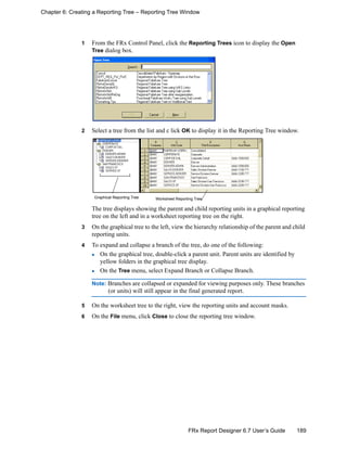 189FRx Report Designer 6.7 User’s Guide
Chapter 6: Creating a Reporting Tree – Reporting Tree Window
1 From the FRx Control Panel, click the Reporting Trees icon to display the Open
Tree dialog box.
2 Select a tree from the list and c lick OK to display it in the Reporting Tree window.
The tree displays showing the parent and child reporting units in a graphical reporting
tree on the left and in a worksheet reporting tree on the right.
3 On the graphical tree to the left, view the hierarchy relationship of the parent and child
reporting units.
4 To expand and collapse a branch of the tree, do one of the following:
On the graphical tree, double-click a parent unit. Parent units are identified by
yellow folders in the graphical tree display.
On the Tree menu, select Expand Branch or Collapse Branch.
Note: Branches are collapsed or expanded for viewing purposes only. These branches
(or units) will still appear in the final generated report.
5 On the worksheet tree to the right, view the reporting units and account masks.
6 On the File menu, click Close to close the reporting tree window.
Worksheet Reporting TreeGraphical Reporting Tree
 
