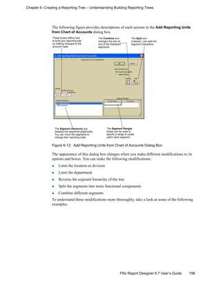 198FRx Report Designer 6.7 User’s Guide
Chapter 6: Creating a Reporting Tree – Understanding Building Reporting Trees
The following figure provides descriptions of each section in the Add Reporting Units
from Chart of Accounts dialog box.
Figure 6-12: Add Reporting Units from Chart of Accounts Dialog Box
The appearance of this dialog box changes when you make different modifications to its
options and boxes. You can make the following modifications:
Limit the location or division
Limit the department
Reverse the segment hierarchy of the tree
Split the segments into more functional components
Combine different segments
To understand these modifications more thoroughly, take a look at some of the following
examples.
These boxes define how
to build your reporting tree
by making changes to the
account mask.
The Combine icon
changes the size of
any of the displayed
segments.
The Split icon
(Cleaver), can split the
segment characters.
The Segment Hierarchy box
displays the segments graphically.
You can move the segments to
change their reporting order.
The Segment Ranges
boxes can be used to
specify a range of codes
within each segment.
 