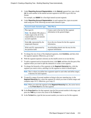 214FRx Report Designer 6.7 User’s Guide
Chapter 6: Creating a Reporting Tree – Building Reporting Trees Automatically
3 Under Reporting Account Segmentation, in the Natural segment box, type a hook
(&) for each number in the natural account segment to tell FRx to go to the row
format.
For example, use &&&& for a four-digit natural account segment.
4 Under Reporting Account Segmentation, in each segment box, type an account
mask using one of the following account mask character types.
5 To change the size of any of the displayed segments, click Combine, and then click
the segment separator. Otherwise, go to step 7.
6 With the segment separator selected, use the double arrows to re-size the box.
7 To split a segment (such as location/division), click Split, and then click the part of the
segment where you want to split the characters to create a new segment.
8 To change the hierarchy of the segments in the Segment Hierarchy box, click the
segment you want to move, and drag it to the segment to which it should report.
Note: This is where you define how segments report to each other and define ranges,
if desired, for each segment.
9 To specify a range of account numbers to bring to the new reporting tree, in the
Segment Hierarchy box, select the segment for which you want to define ranges and
complete steps 10-11. Otherwise, go to step 12.
Note: When you select the segment in the Segment Hierarchy box, the cursor moves
to the From Acct box for that segment.
10 In the From Acct box for that segment, type the first account number in the range, and
press the TAB key to move the cursor to the To Acct box.
11 In the To Acct box, type the last account number you want to use for this segment.
Account mask character type Tells FRx to
Plus sign (+)
Note: By default, FRx places a
+ (plus sign) in the all of the
responsibility (or non-natural)
account segments.
Create a unit in the tree for this segment
information in the general ledger.
Hook (&), represented by the
ampersand character
Go to the row format for the this segment
information.
Wild card (?), represented by
the question mark
Avoid building details into the tree for this
segment information.
 