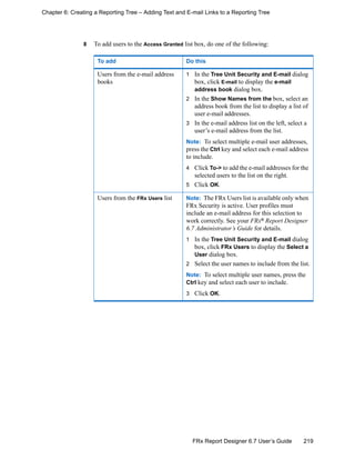 219FRx Report Designer 6.7 User’s Guide
Chapter 6: Creating a Reporting Tree – Adding Text and E-mail Links to a Reporting Tree
8 To add users to the Access Granted list box, do one of the following:
To add Do this
Users from the e-mail address
books
1 In the Tree Unit Security and E-mail dialog
box, click E-mail to display the e-mail
address book dialog box.
2 In the Show Names from the box, select an
address book from the list to display a list of
user e-mail addresses.
3 In the e-mail address list on the left, select a
user’s e-mail address from the list.
Note: To select multiple e-mail user addresses,
press the Ctrl key and select each e-mail address
to include.
4 Click To-> to add the e-mail addresses for the
selected users to the list on the right.
5 Click OK.
Users from the FRx Users list Note: The FRx Users list is available only when
FRx Security is active. User profiles must
include an e-mail address for this selection to
work correctly. See your FRx® Report Designer
6.7 Administrator’s Guide for details.
1 In the Tree Unit Security and E-mail dialog
box, click FRx Users to display the Select a
User dialog box.
2 Select the user names to include from the list.
Note: To select multiple user names, press the
Ctrl key and select each user to include.
3 Click OK.
 