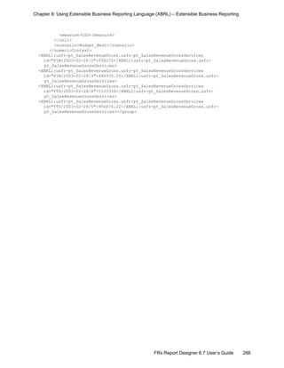 288FRx Report Designer 6.7 User’s Guide
Chapter 8: Using Extensible Business Reporting Language (XBRL) – Extensible Business Reporting
<measure>USD</measure>
</unit>
<scenario>Budget_Best</scenario>
</numericContext>
<XBRL1:usfr-pt_SalesRevenueGross.usfr-pt_SalesRevenueGrossServices
id="P1M/2003-02-28/2">556272</XBRL1:usfr-pt_SalesRevenueGross.usfr-
pt_SalesRevenueGrossServices>
<XBRL1:usfr-pt_SalesRevenueGross.usfr-pt_SalesRevenueGrossServices
id="P1M/2003-02-28/3">486935.55</XBRL1:usfr-pt_SalesRevenueGross.usfr-
pt_SalesRevenueGrossServices>
<XBRL1:usfr-pt_SalesRevenueGross.usfr-pt_SalesRevenueGrossServices
id="YTD/2003-02-28/4">1103330</XBRL1:usfr-pt_SalesRevenueGross.usfr-
pt_SalesRevenueGrossServices>
<XBRL1:usfr-pt_SalesRevenueGross.usfr-pt_SalesRevenueGrossServices
id="YTD/2003-02-28/5">956676.22</XBRL1:usfr-pt_SalesRevenueGross.usfr-
pt_SalesRevenueGrossServices></group>
 