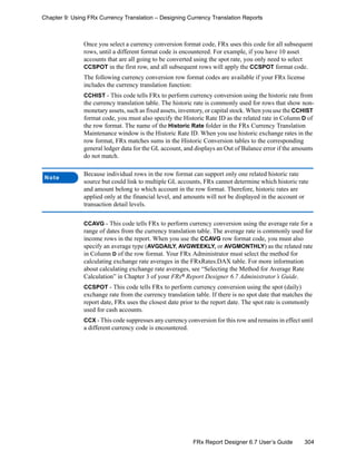 304FRx Report Designer 6.7 User’s Guide
Chapter 9: Using FRx Currency Translation – Designing Currency Translation Reports
Once you select a currency conversion format code, FRx uses this code for all subsequent
rows, until a different format code is encountered. For example, if you have 10 asset
accounts that are all going to be converted using the spot rate, you only need to select
CCSPOT in the first row, and all subsequent rows will apply the CCSPOT format code.
The following currency conversion row format codes are available if your FRx license
includes the currency translation function:
CCHIST - This code tells FRx to perform currency conversion using the historic rate from
the currency translation table. The historic rate is commonly used for rows that show non-
monetary assets, such as fixed assets, inventory, or capital stock. When you use the CCHIST
format code, you must also specify the Historic Rate ID as the related rate in Column D of
the row format. The name of the Historic Rate folder in the FRx Currency Translation
Maintenance window is the Historic Rate ID. When you use historic exchange rates in the
row format, FRx matches sums in the Historic Conversion tables to the corresponding
general ledger data for the GL account, and displays an Out of Balance error if the amounts
do not match.
CCAVG - This code tells FRx to perform currency conversion using the average rate for a
range of dates from the currency translation table. The average rate is commonly used for
income rows in the report. When you use the CCAVG row format code, you must also
specify an average type (AVGDAILY, AVGWEEKLY, or AVGMONTHLY) as the related rate
in Column D of the row format. Your FRx Administrator must select the method for
calculating exchange rate averages in the FRxRates.DAX table. For more information
about calculating exchange rate averages, see “Selecting the Method for Average Rate
Calculation” in Chapter 3 of your FRx®
Report Designer 6.7 Administrator’s Guide.
CCSPOT - This code tells FRx to perform currency conversion using the spot (daily)
exchange rate from the currency translation table. If there is no spot date that matches the
report date, FRx uses the closest date prior to the report date. The spot rate is commonly
used for cash accounts.
CCX - This code suppresses any currency conversion for this row and remains in effect until
a different currency code is encountered.
Note
Because individual rows in the row format can support only one related historic rate
source but could link to multiple GL accounts, FRx cannot determine which historic rate
and amount belong to which account in the row format. Therefore, historic rates are
applied only at the financial level, and amounts will not be displayed in the account or
transaction detail levels.
 
