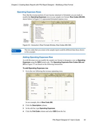 35FRx Report Designer 6.7 User’s Guide
Chapter 2: Creating Basic Reports with FRx Report Designer – Modifying a Row Format
Operating Expenses Rows
Now that the revenue portion of your income statement is formatted, you are ready to
modify the Operating Expenses rows in your sample row format. Row Codes 226-565,
shown below in Figure 2-3, represented formatted expense rows.
Figure 2-3: Accounts in Row Formats Window, Row Codes 266–565.
Adding Operating Expenses Row
As with Revenue you can modify the sample row format to designate a row as Operating
Expenses using the DES format code. The Operating Expenses Row Codes 266 and
273 in Figure 2-3 are based on the following instructions.
To add Operating Expenses row
1 Go to the row following the revenue separating rows.
In our example, this is Row Code 266.
2 Click the Description column.
3 In the edit bar, type Operating Expenses.
4 Click the Fmt Code column and select DES from the list.
Note
The row codes that you create in the sample report could be different than those shown
in this example.
Operating
Expenses
Expenses
Total
Operating
Expenses
 