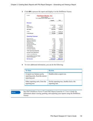 54FRx Report Designer 6.7 User’s Guide
Chapter 2: Creating Basic Reports with FRx Report Designer – Generating and Viewing a Report
3 Click OK to process the report and display it in the DrillDown Viewer.
4 To view additional information, you can do the following:
To View Do this
A report row broken out by
reporting units, from the current
reporting unit
Double-click a report row.
Other reporting units, from the
reporting tree
On the reporting tree, double-click a the
reporting unit.
Note
See FRx® DrillDown Viewer™ and FRx® Report Launcher 6.7 User’s Guide for
information about viewing, printing, and exporting your reports using the DrillDown
Viewer.
 