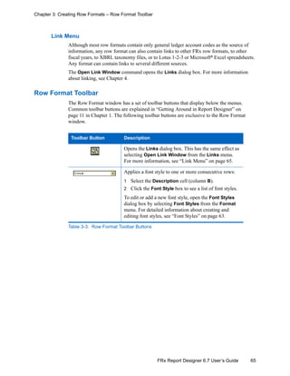 65FRx Report Designer 6.7 User’s Guide
Chapter 3: Creating Row Formats – Row Format Toolbar
Link Menu
Although most row formats contain only general ledger account codes as the source of
information, any row format can also contain links to other FRx row formats, to other
fiscal years, to XBRL taxonomy files, or to Lotus 1-2-3 or Microsoft® Excel spreadsheets.
Any format can contain links to several different sources.
The Open Link Window command opens the Links dialog box. For more information
about linking, see Chapter 4.
Row Format Toolbar
The Row Format window has a set of toolbar buttons that display below the menus.
Common toolbar buttons are explained in “Getting Around in Report Designer” on
page 11 in Chapter 1. The following toolbar buttons are exclusive to the Row Format
window.
Toolbar Button Description
Opens the Links dialog box. This has the same effect as
selecting Open Link Window from the Links menu.
For more information, see “Link Menu” on page 65.
Applies a font style to one or more consecutive rows:
1 Select the Description cell (column B).
2 Click the Font Style box to see a list of font styles.
To edit or add a new font style, open the Font Styles
dialog box by selecting Font Styles from the Format
menu. For detailed information about creating and
editing font styles, see “Font Styles” on page 63.
Table 3-3: Row Format Toolbar Buttons
 