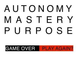 A U TONOMY 
M A S T E R Y 
P U R P O S E 
GAME OVER PLAY AGAIN? 
 