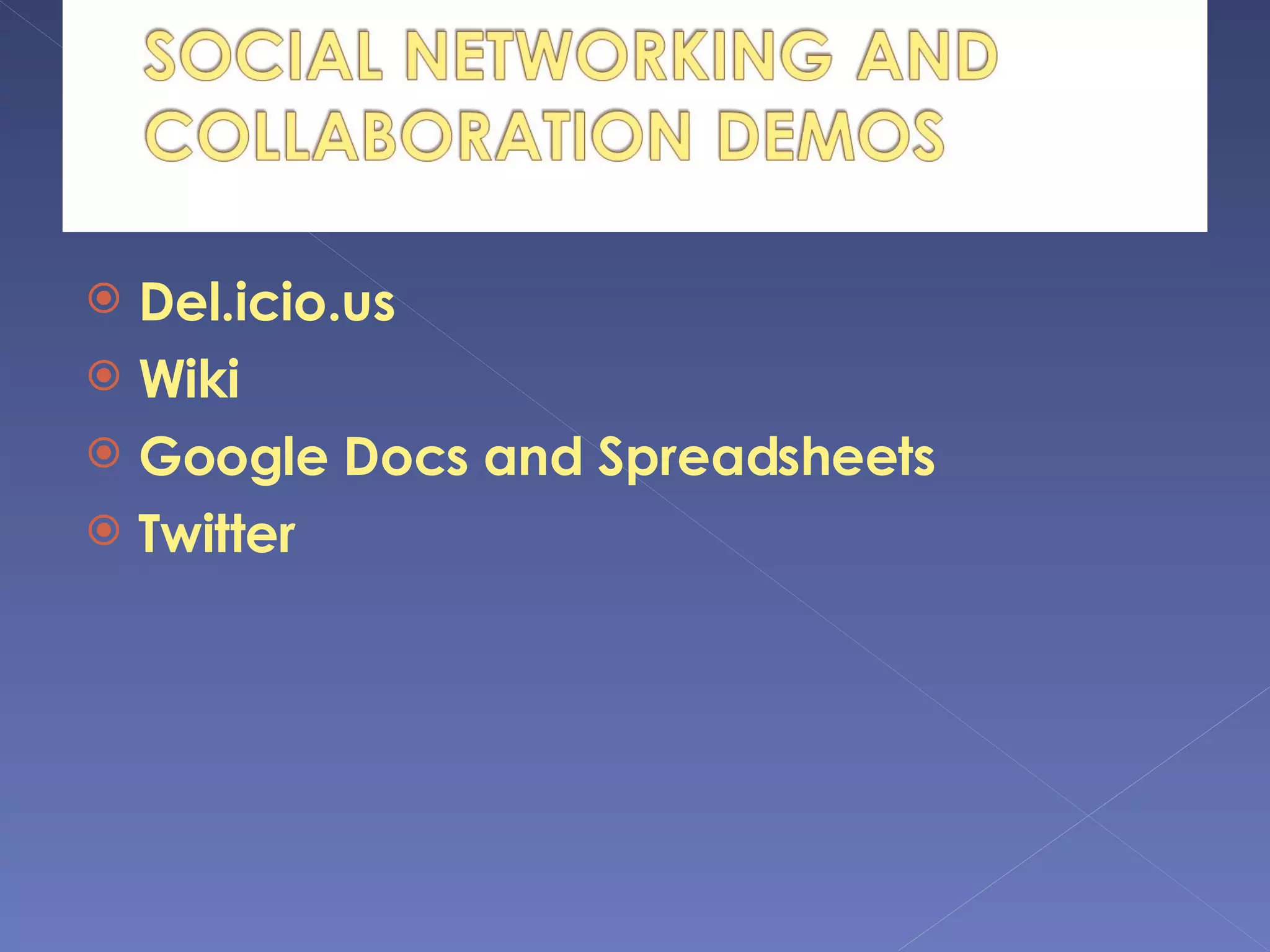 Del.icio.us Wiki Google Docs and Spreadsheets Twitter 