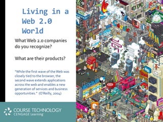 Living in a
    Web 2.0
    World
What Web 2.0 companies
do you recognize?

What are their products?

“While the first wave of the Web was
closely tied to the browser, the
second wave extends applications
across the web and enables a new
generation of services and business
opportunities.” (O’Reilly, 2004)
 