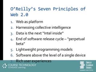O’Reilly’s Seven Principles of
Web 2.0
1. Web as platform
2. Harnessing collective intelligence
3. Data is the next “Intel inside”
4. End of software release cycle – “perpetual
   beta”
5. Lightweight programming models
6. Software above the level of a single device
7. Rich user experiences
 