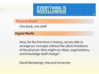Physical World
   One book, one shelf

Digital World

   Now, for the first time in history, we are able to
   arrange our concepts without the silent limitations
   of the physical. How might our ideas, organizations,
   and knowledge itself change?

   David Weinberger, Harvard University
 